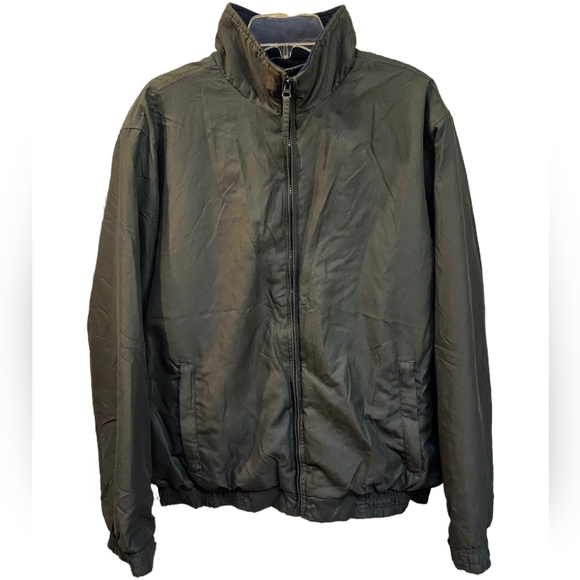 George Mens XL Olive Green Windbreaker Jacket Zipper Pockets Blue Fleece Inside - Picture 2 of 9